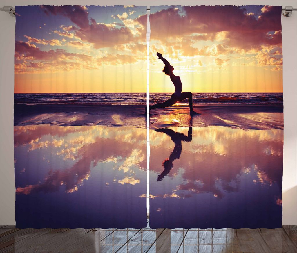 ABAKUHAUS Yoga Rustikaler Vorhang, Frau auf Strand Dramatischen, Wohnzimmer Universalband Gardinen mit Schlaufen und Haken, 280 x 245 cm, Gelb Blau...