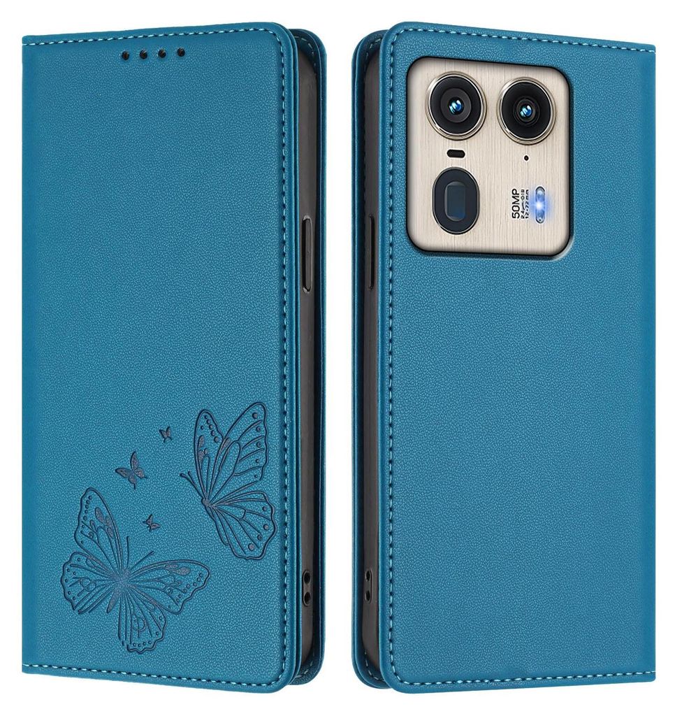 Lederhülle für Motorola Edge 50 Ultra, Schmetterling Prägung Leder Brieftasche Schutzhülle mit Ständer Blau