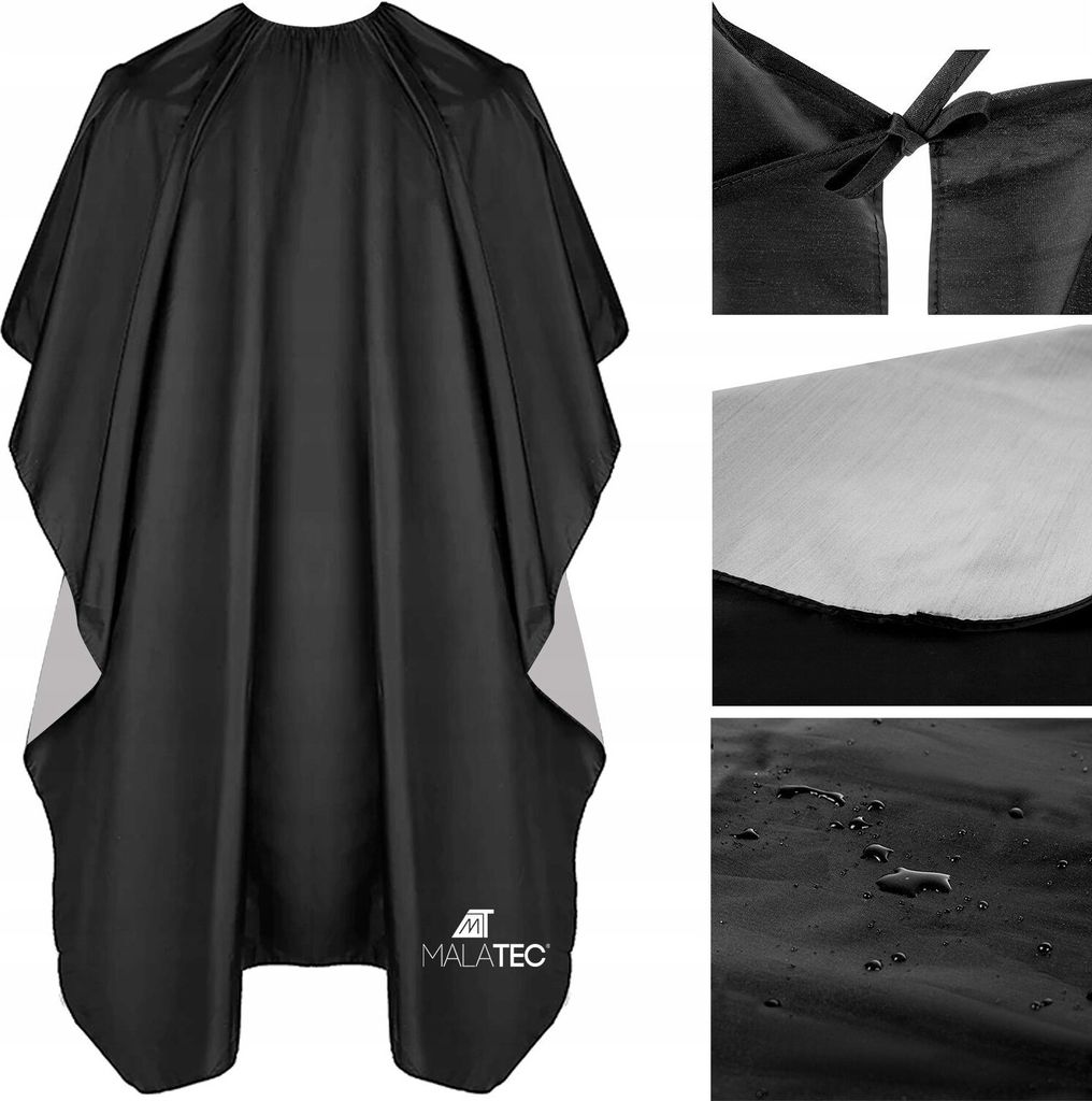 A collage of images showing a black hairdressing cape, its tie closure, its lining, and its water-repellent properties.