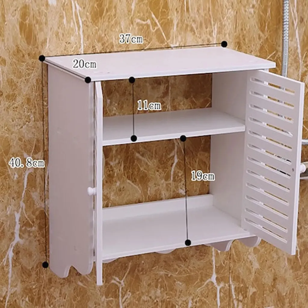 Armadio pensile - Armadio contenitore - 2 ripiani - Con ganci - Composto da legno e plastica - Resistente all'umidità - Per bagno e cucina - Bianco