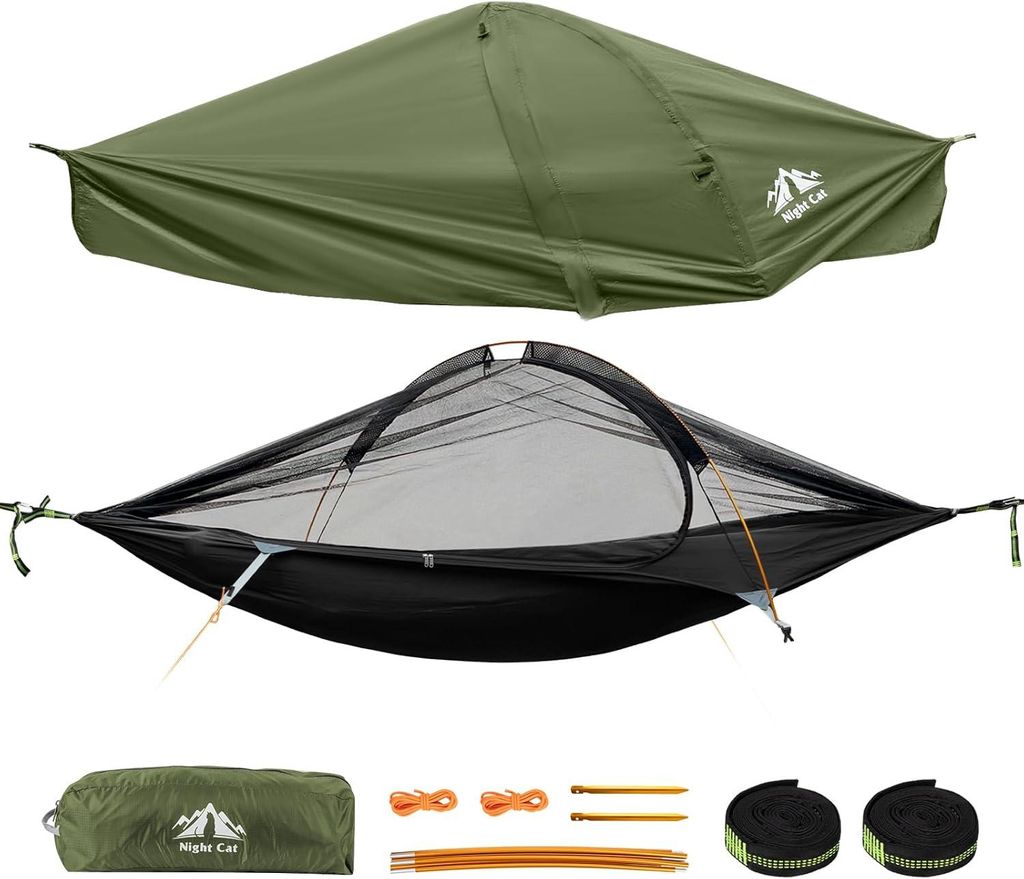 Night Cat Hängematte Outdoor mit Moskitonetz: Camping Hängemattenzelt mit Tarp XXL Wetterfest für 1 Person Trekking Draußen Forest