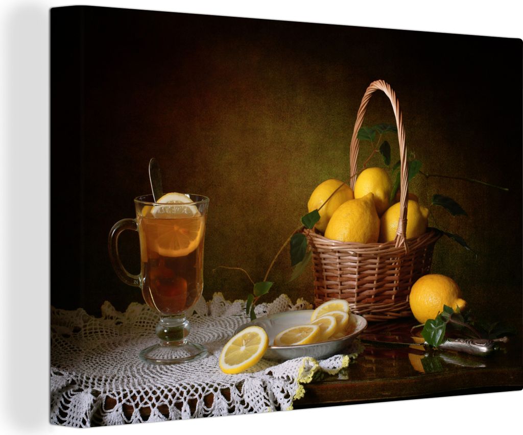 OneMillionCanvasses - Leinwandbilder - 150x100 cm, Stilleben - Tee - Zitrone - Malerei - Kunst, Wandbilder Kunstdruck Wanddekoration