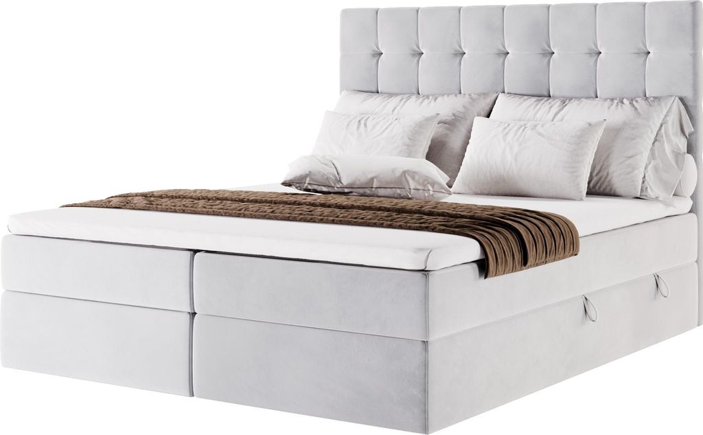 Moebelpaket Bett 160x200 cm mit Bettkasten, Boxspringbett mit Pocket-Matratze und Topper T25, Grau, Kollektion Magnus