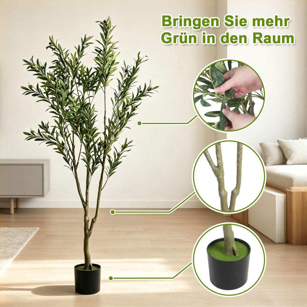 Ikodm Kunstpflanze Olivenbaum 150 cm im Topf, 3 Zweige, 550 Blätter, dekorativer Kunstbaum mit dichtem Blattwerk für Wohnzimmer, Schlafzimmer und Büro