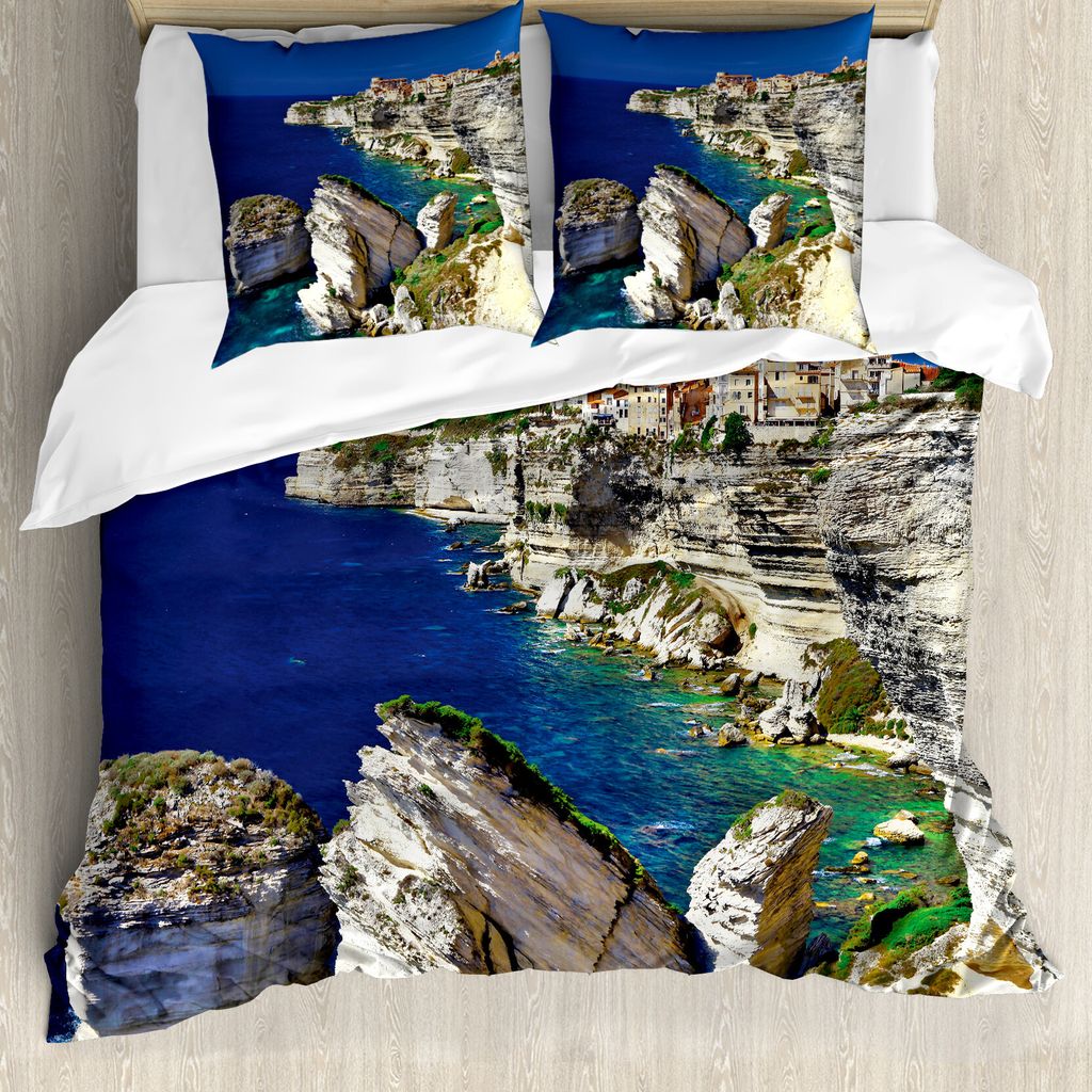 ABAKUHAUS Stadtansicht Bettbezug, Ozean Sommer Seascape, Milbensicher Allergiker geeignet mit Kissenbezügen, 200 cm x 200 cm - 80 x 80 cm, Navy Beige