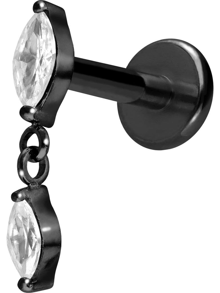 Ohrpiercing, Nasenpiercing Titan Labret mit Push Fit 2 KRISTALLTROPFEN Schwarz Stablänge: 10mm | Stabstärke: 1mm