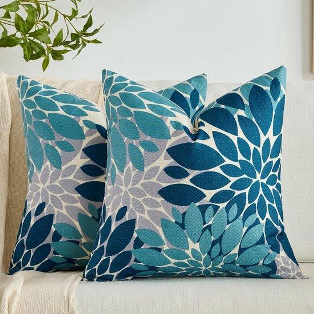 Unyqoos Kissenbezüge mit abstraktem Blumenmuster in Blaugrün, 2er Set, 45 x 45 cm für Innen- und Außenbereich