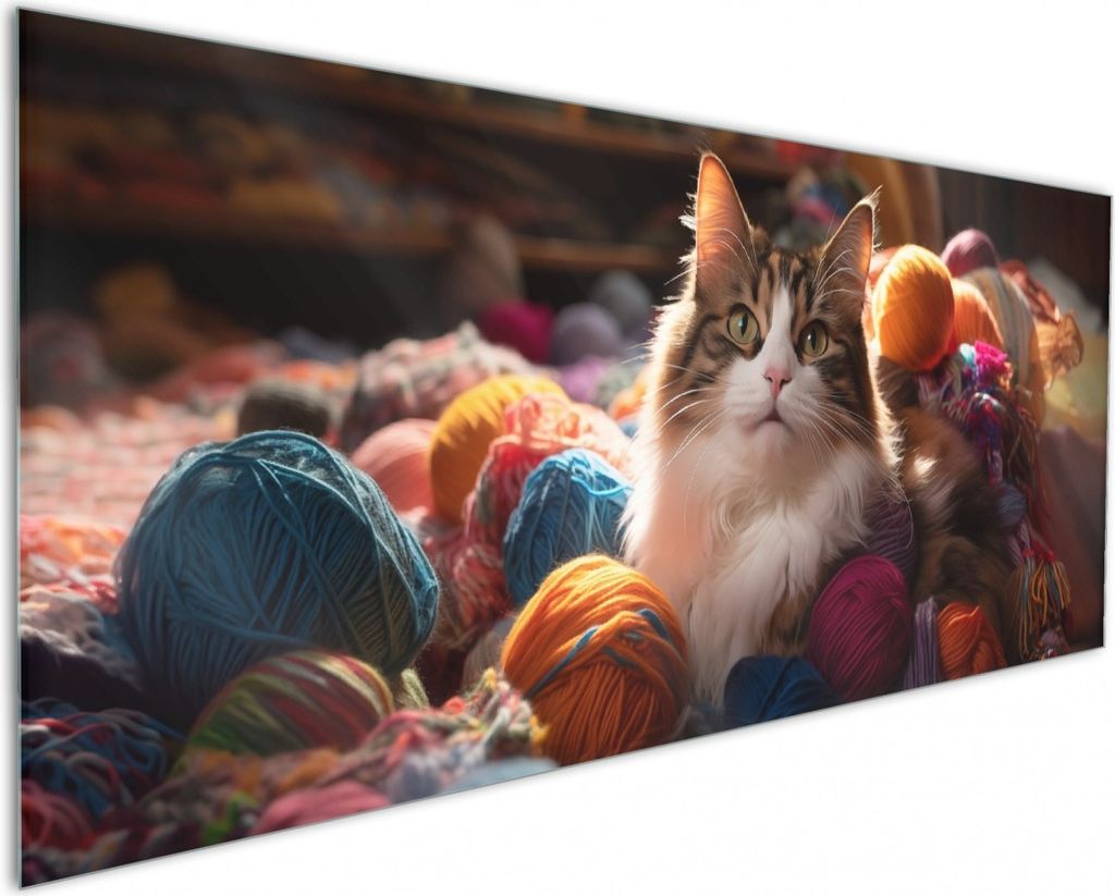 Wallario Küchenrückwand aus Glas, Größe: 125 x 50 cm, Motiv: Katze in einem Berg von Wollknäuel | Spritzschutz | abwischbar | pflegeleicht | in