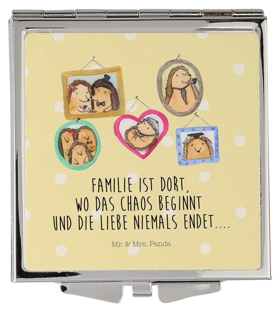 Mr. & Mrs. Panda Klappbarer Spiegel Igel Familie - Gelb Pastell - Geschenk, Frauen, Muttertag, Kosmetikspiegel, Klappspiegel, Bilder, Kleiner, Tasc...