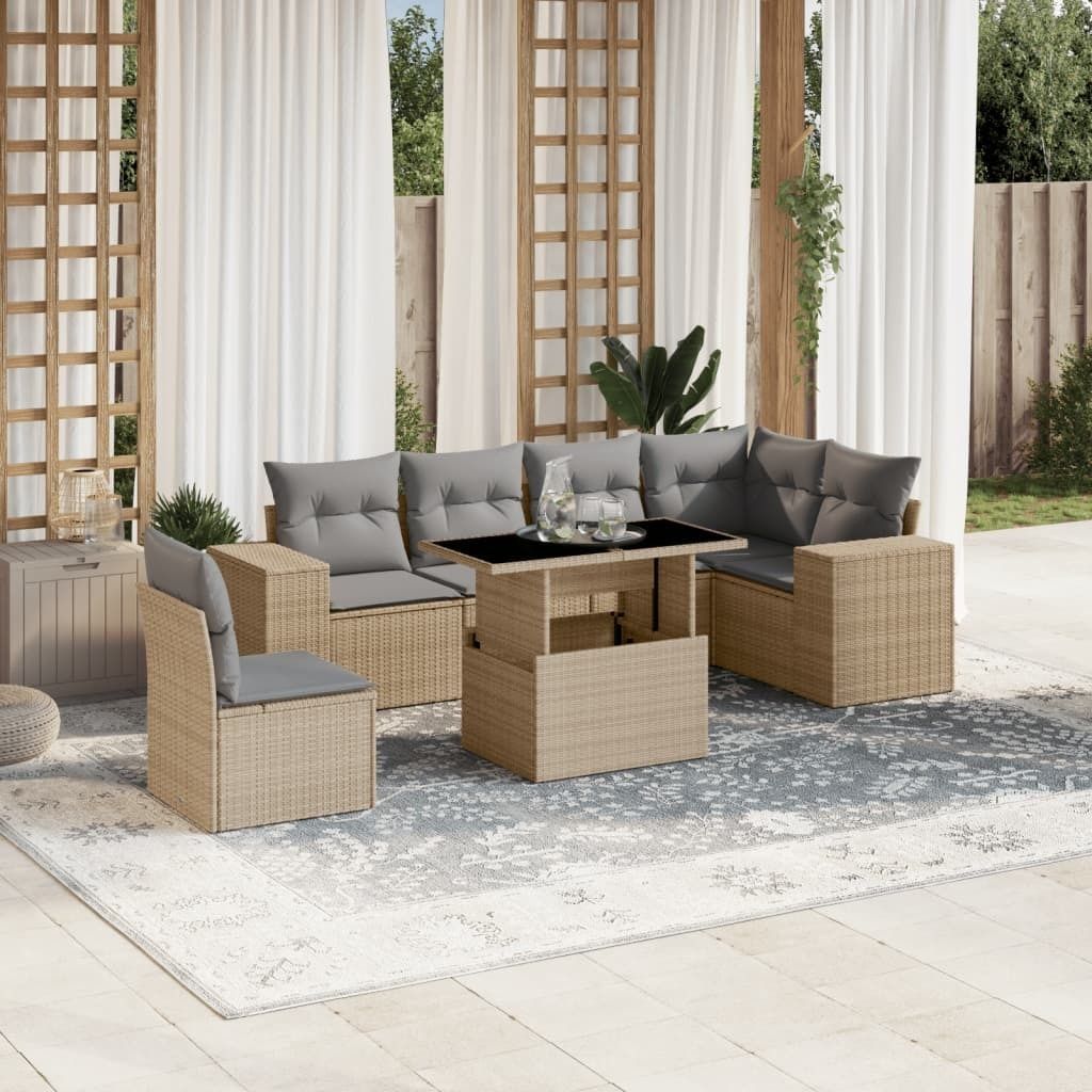 Möbel 7-tlg. Garten-Sofagarnitur mit Kissen Beige Poly Rattan - Sitzgruppe 3269199