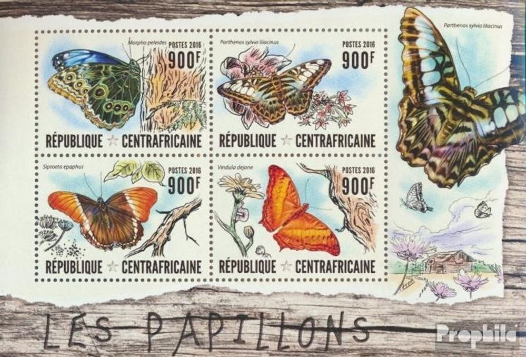 Briefmarken Zentralafrikanische Republik 2016 Mi 6245-6248 Kleinbogen (kompl. Ausgabe) postfrisch Schmetterlinge