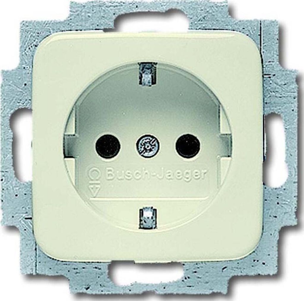 A close-up, front-facing view of a cream-colored electrical outlet with a gray metal mounting frame.