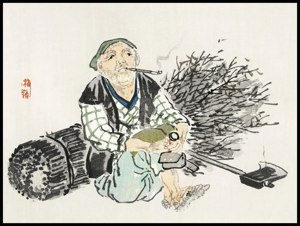 Arte Meiji in Salotto: Poster Kōno Bairei 100x75cm Smoking Farmer