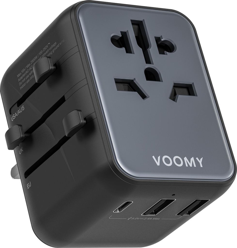 Voomy Reiseadapter Weltweit 4-in-1 – Universaladapter für 200+ Länder – 3 USB-Ports (1x USB-C, 2x USB-A) – Space Grey/Blau, Universal, Univ...