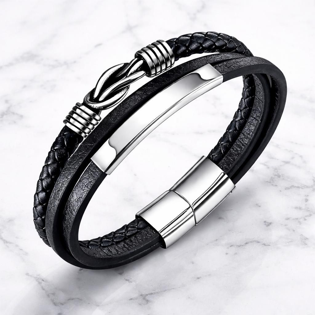 Herren Lederarmband Schwarz Edelstahl Magnetverschluss Produktbild 