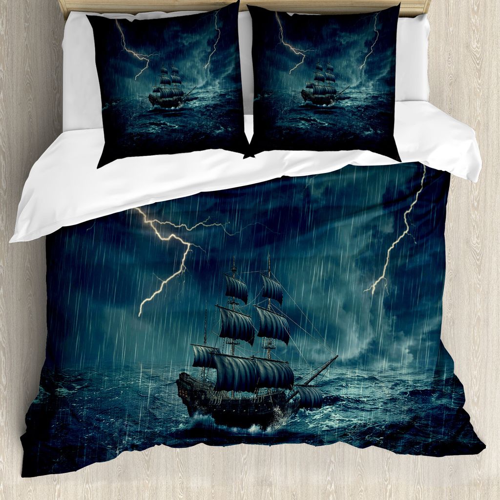 ABAKUHAUS Schiff Bettbezugs Set Für Doppelbetten, Grunge Digital Illustration, Milbensicher Allergiker geeignet mit Kissenbezügen, Dunkelblau Meh...
