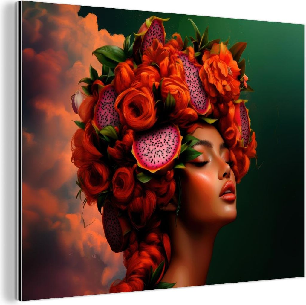 MuchoWow Wanddekoration Metall Metallbild Wandkunst 80x60 cm Frau - trinkt Obst - Rosen MuchoWow Aluminium Gemälde - Alubild