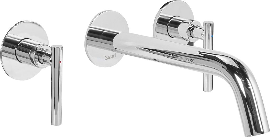 BELIANI Wandmontierte Waschtischarmatur Silber aus Messing Zweihebelmischer Mischbatterie Wandmontage Wandarmatur Waschbecken Badezimmer
