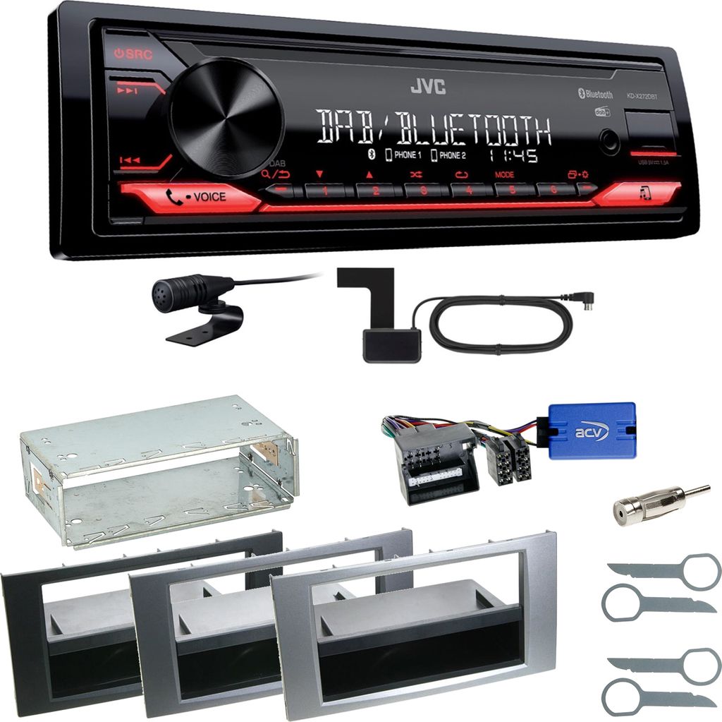 JVC KD-X272DBT DAB+ Bluetooth FLAC Einbauset für Ford Focus C-Max Fiesta Transit