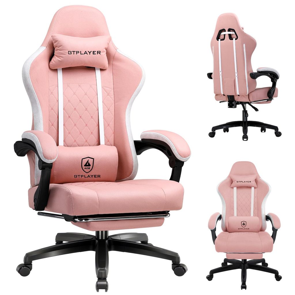 GTPLAYER Gaming Stuhl Ergonomischer Gaming Sessel Schreibtischstuhl PC Gamer Racing Stuhl mit Stoffoberfläche, Federsitzkissen mit Fußstütze pink