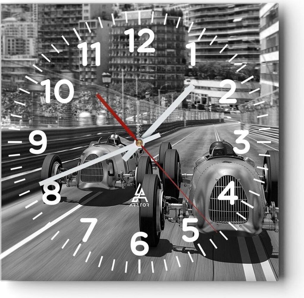 Wanduhr - Quadrat - Glasuhr - Formel 1 Retro - 30x30cm - Schleichendes Uhrwerk - Lautlos - zum Aufhängen bereit - Dekoration Modern - Wanddekorati...