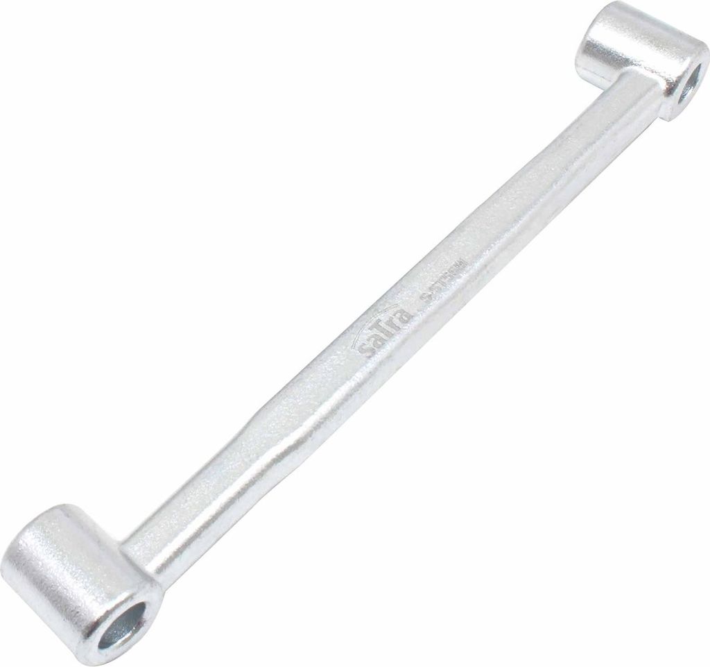 A silver-colored tool with two hexagonal sockets on a white background.