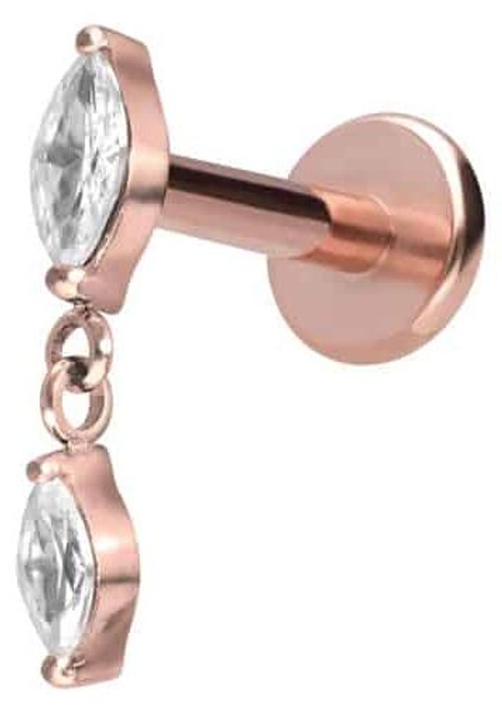 Ohrpiercing, Nasenpiercing Titan Labret mit Innengewinde 2 KRISTALLTROPFEN RoséGold Stablänge: 7mm | Stabstärke: 1,2mm