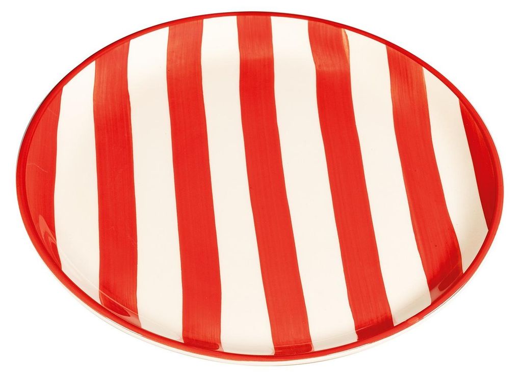 Safranfarbenes 2er-Set flache Teller, Lido-Kollektion, Streifen, rote Farbe, handbemalt in Civita Castellana, Italien, 26 cm Durchmesser