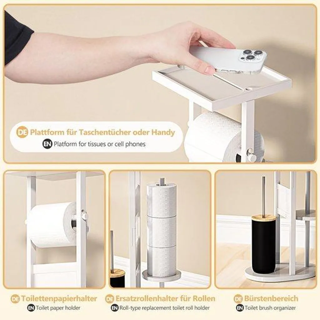 Optimisez vos Toilettes : Support Papier et Brosse WC Bambou Blanc Stable