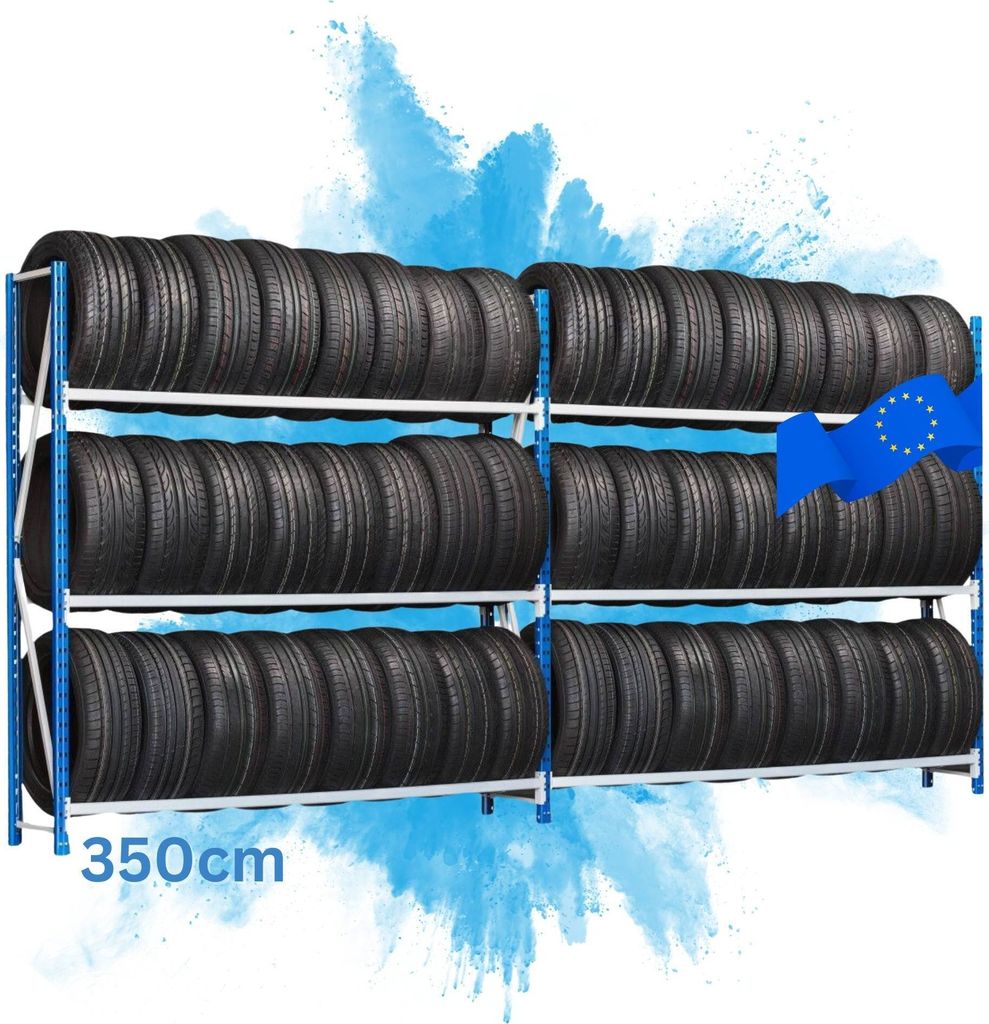 Mega Deal Reifenregal MAXIMUS Pro | HxBxT 200x350x50cm | 3 Ebenen | bis zu 15 Reifen pro Ebene | 150kg Fachlast | Lichtblau/Lichtgrau
