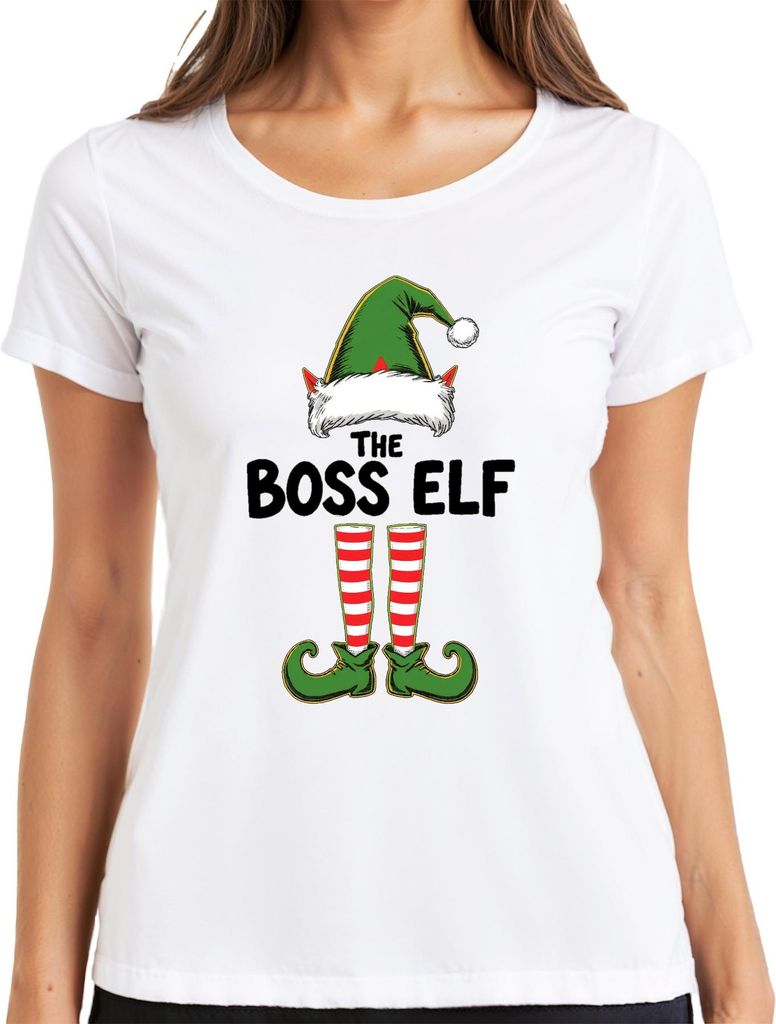THE BOSS ELF Weihnachtswichtel Weihnachtshut Elfenstiefel Humor Damen T-Shirt, Weiß, L