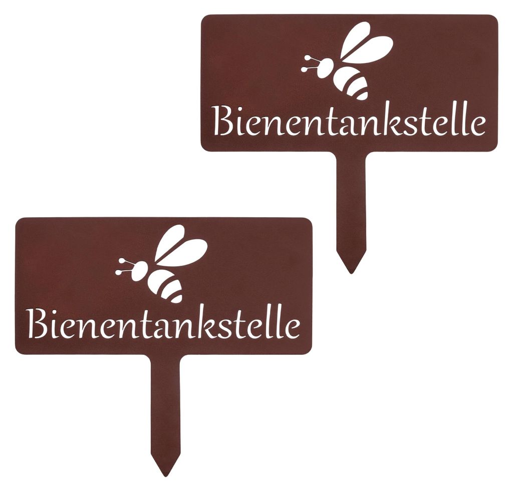 Gartenstecker Bienentankstelle in Edelrost Optik 30 x 27 cm - 2er Set - Deko Pflanzenstecker aus Metall mit Schriftzug