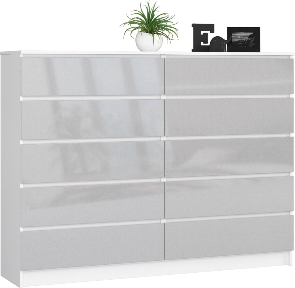 Kommode – Sideboard – Schubladenkommode – 160 cm – Weiß / Metallic Hochglanz – Viel Stauraum im modernen Stil