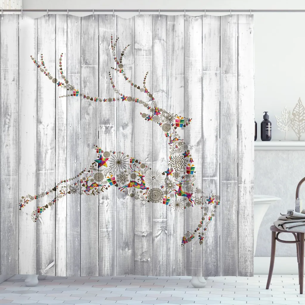 Rideau de douche cerf coloré motif bois 175x240 cm en tissu déperlant