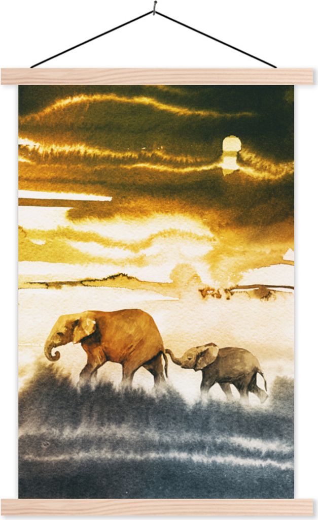 MuchoWow Textilposter Elefant - Schwanz - Gelb - Blau 120x180 cm mit holzfarbenen Rahmen - Textil-Plakat