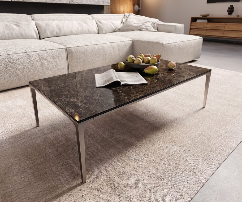 DELIFE Couchtisch Levente 110x60 cm Keramik Emperador Extra Lucidato Dunkelbraun Gestell Edelstahl Silber
