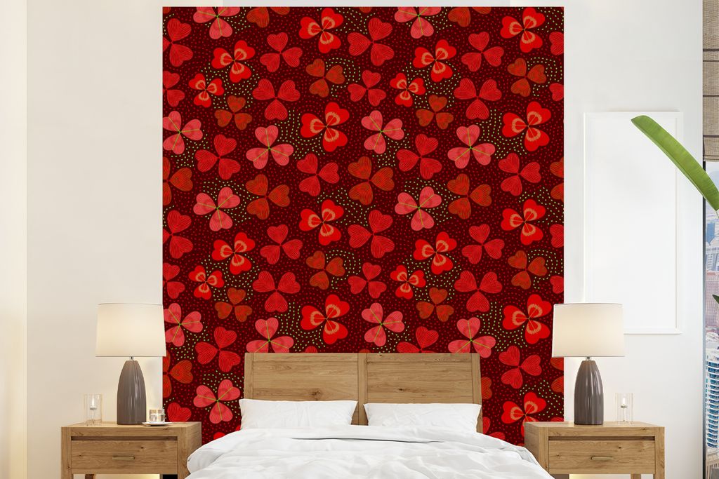 MuchoWow Fototapete für Wohnzimmer oder Schlafzimmer Wandtapete Vinyl Motivtapete Muster - Klee - Rot - 180x220 cm - Tapezierpapier