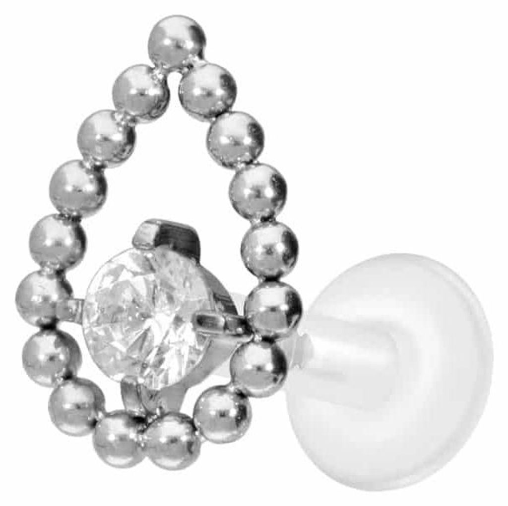Ohrpiercing, Nasenpiercing PTFE Labret mit Innengewinde + Titan-Aufsatz TROPFEN + KRISTALL Silber Stablänge: 7mm | Stabstärke: 1,6mm