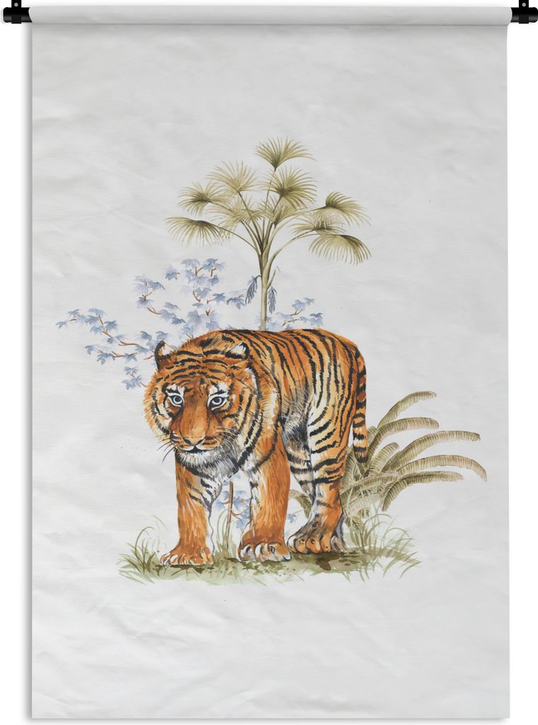 MuchoWow Wandteppich Wandbehang Tiger - Pflanze - Bild 90x135 cm Tapisserie Dekoration Wandtuch - Baumwolle - Wandskulptur