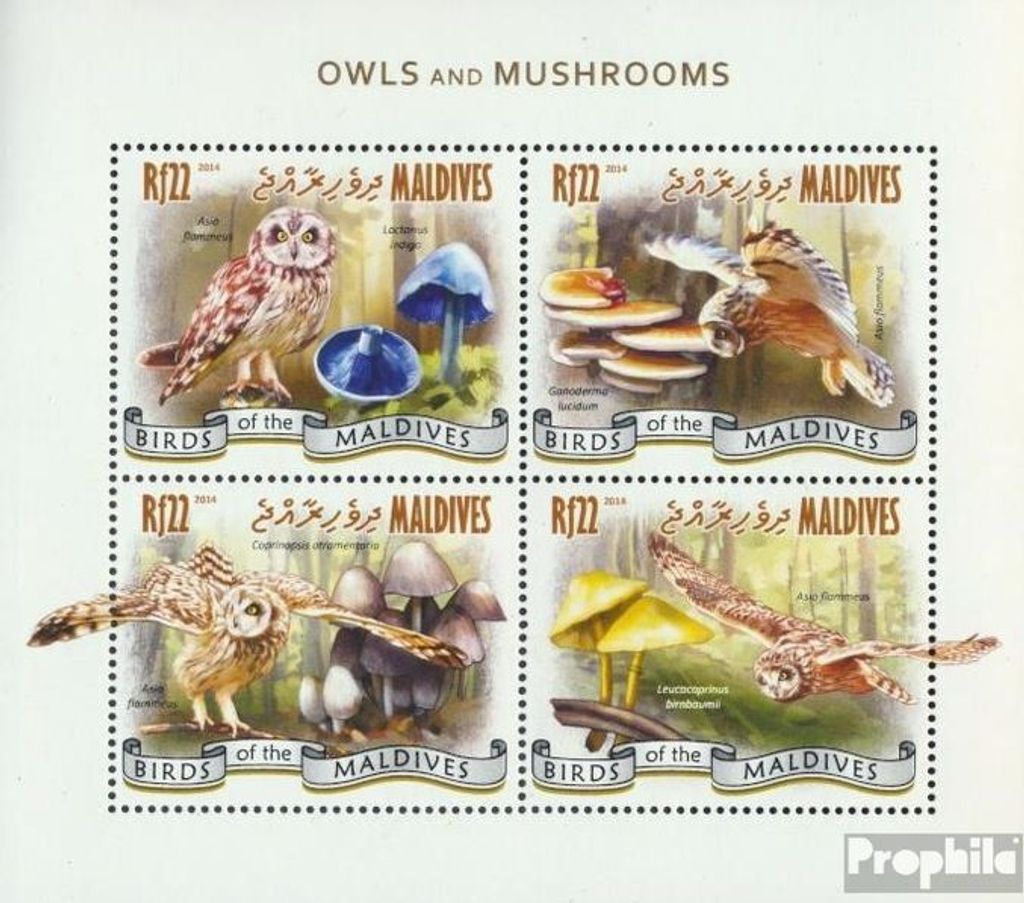 Briefmarken Malediven 2014 Mi 5440-5443 Kleinbogen (kompl. Ausg.) postfrisch Eulen und Pilze