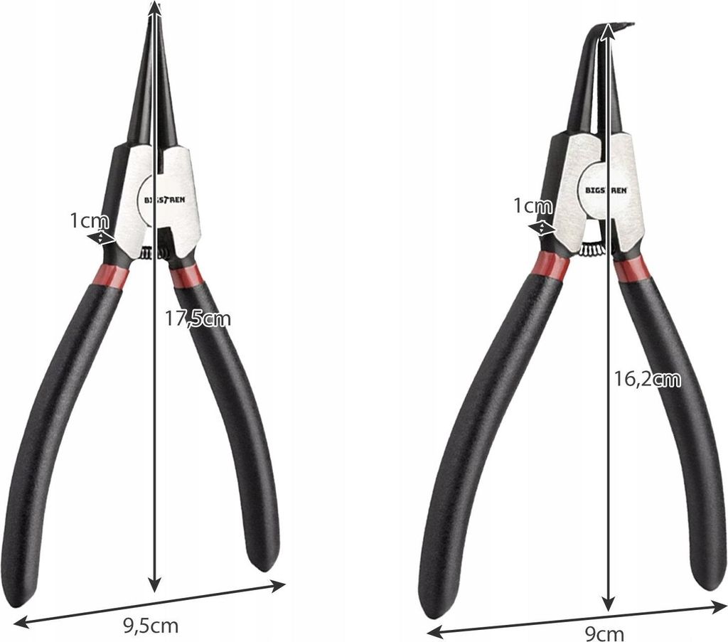 Two types of pliers are shown with dimensions indicated.