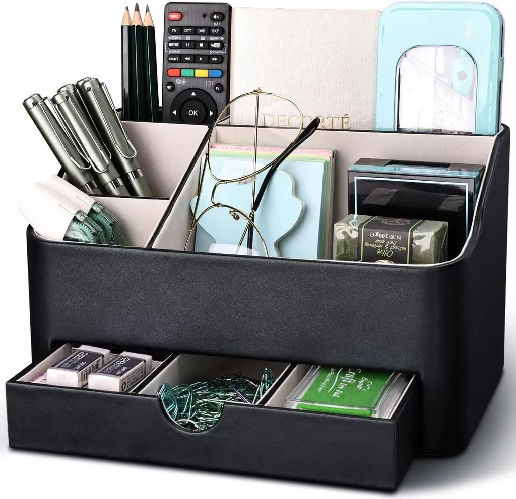 Rangement de bureau multifonction en cuir noir - Organiseur design