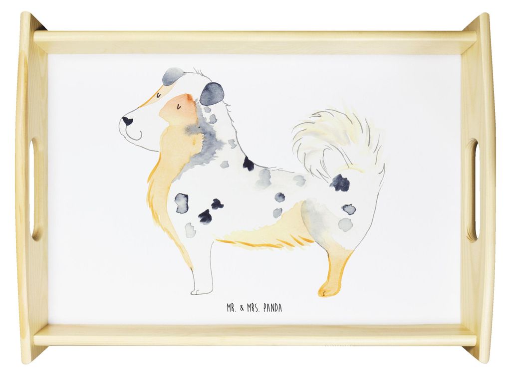 Mr. & Mrs. Panda Serviertablett Hund Australien Shepherd - Weiß - Geschenk, Sprüche, holz, Deko Tablett, Spruch, Familienhund, Holztablett, Servier