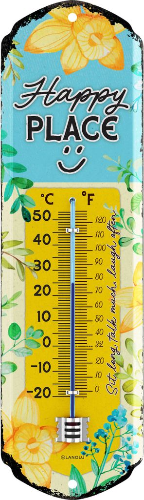 Thermometer Happy Place, Lieblingsplatz Schild Garten außen - Deko Garten vintage Schilder, Gartendeko - Wanddeko Garten aus Metall 8x28cm
