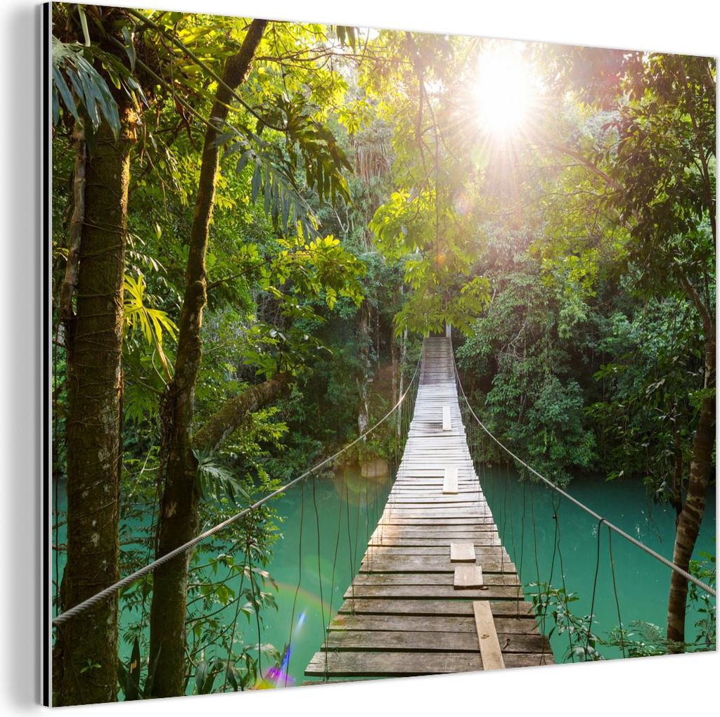 MuchoWow Wanddekoration Metall Metallbild Wandkunst 80x60 cm Dschungel - Wasser - Brücke - Natur - Pflanzen MuchoWow Aluminium Gemälde - Alubild