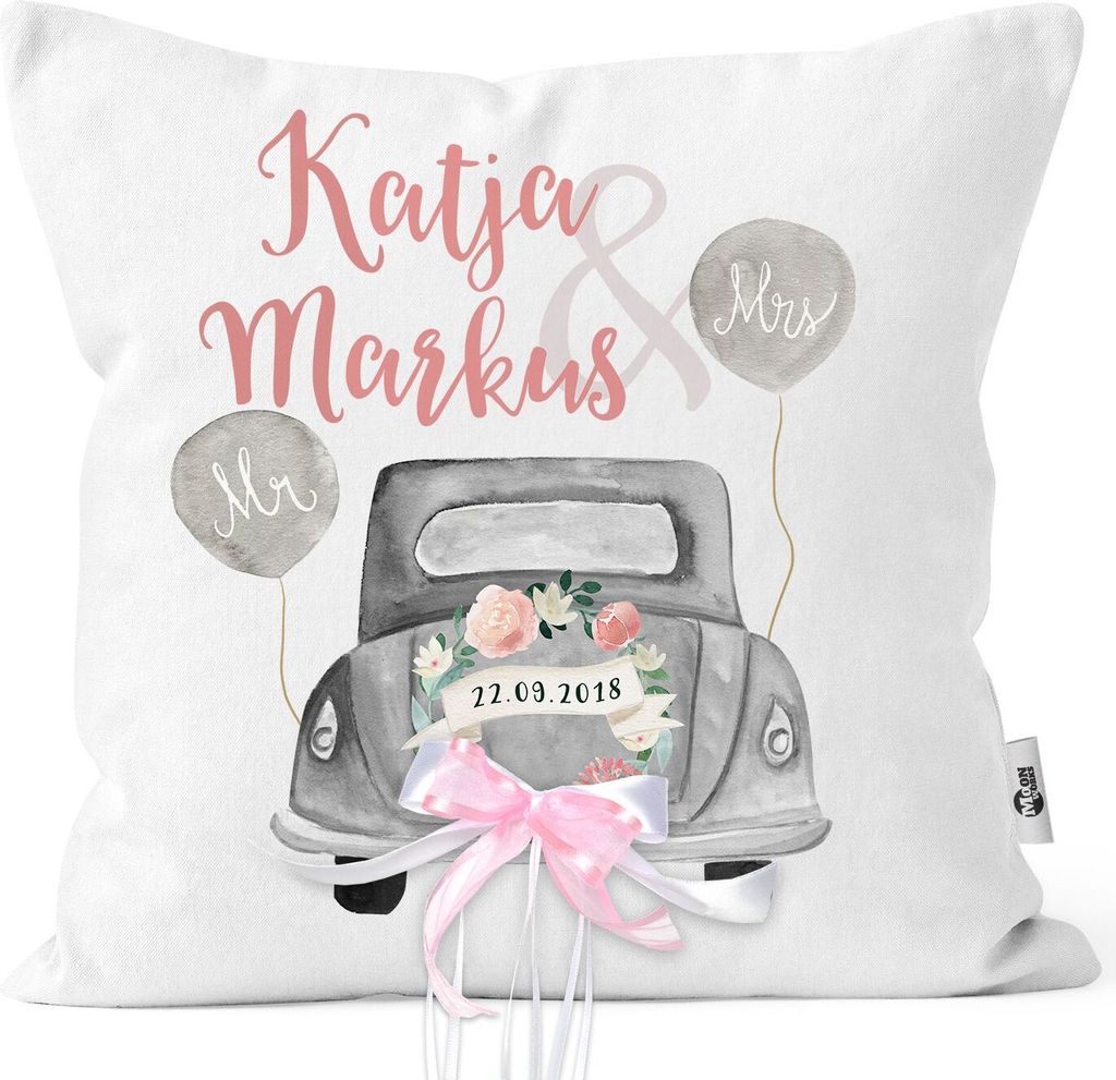 personalisierbares Kissen zur Hochzeit, Hochzeitskissen Auto Hochzeitsgeschenk Geldgeschenk Kissenhülle mit Schleife Moonworks weiß-mit-schleif...