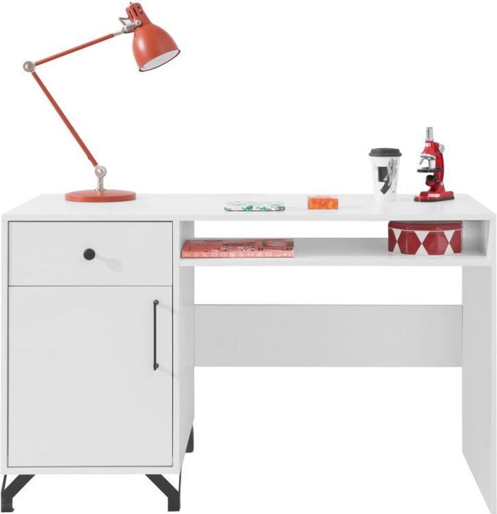 Schreibtisch Tellin 09, Farbe: Weiß / Weiß Hochglanz - Abmessungen: 76 x 125 x 55 cm (H x B x T)