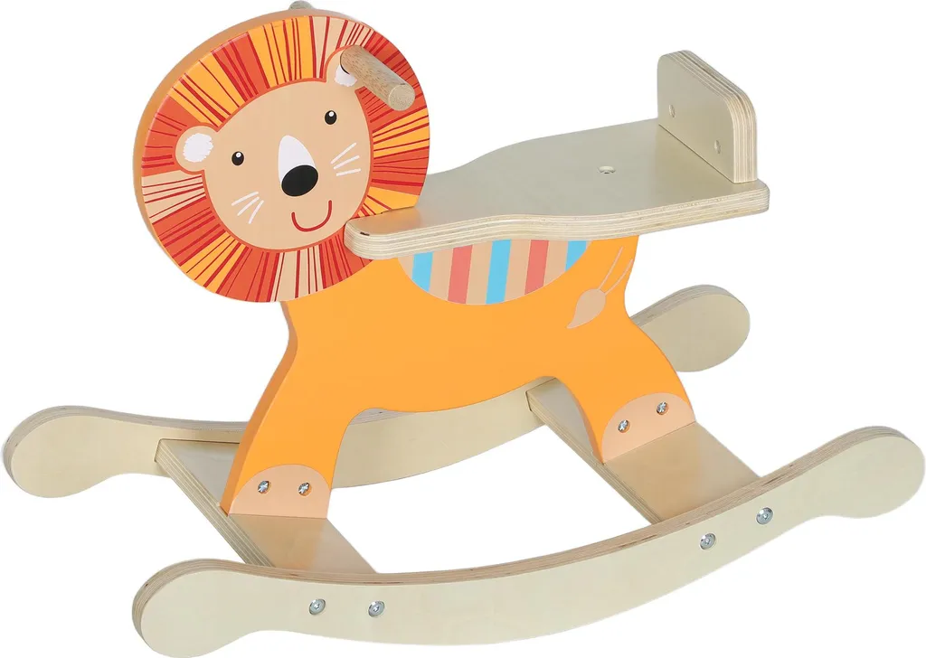 Lion à bascule sécurisé pour enfant : évite les chutes, bois robuste
