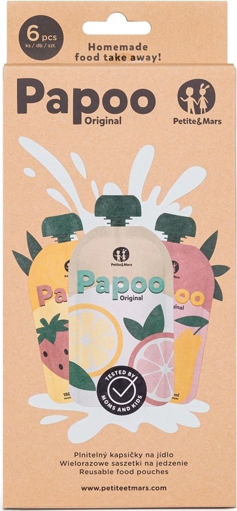A cardboard box containing reusable food pouches with fruit designs.