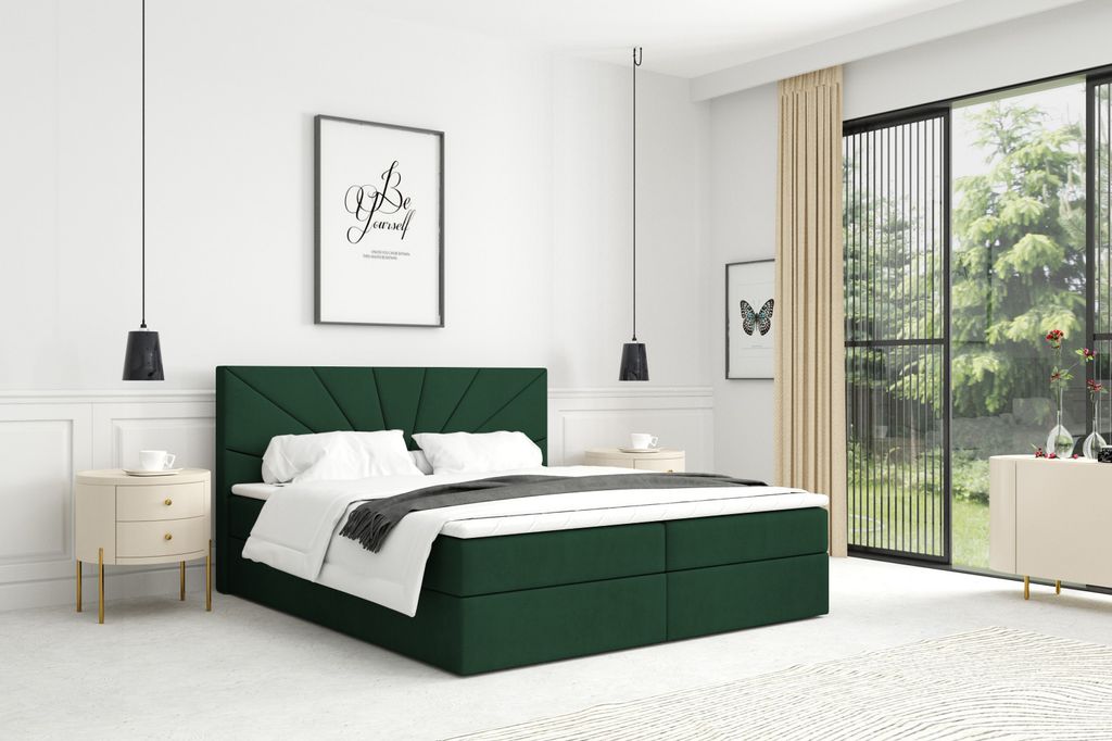 MTJMöbel Kontinental bett COSTA 180x200 mit zwei Behältern für Bettwäsche + Bonell Matratze H3 MIT TOPPER T-25 - Samtstoff KRONOS 19 Flaschengrün